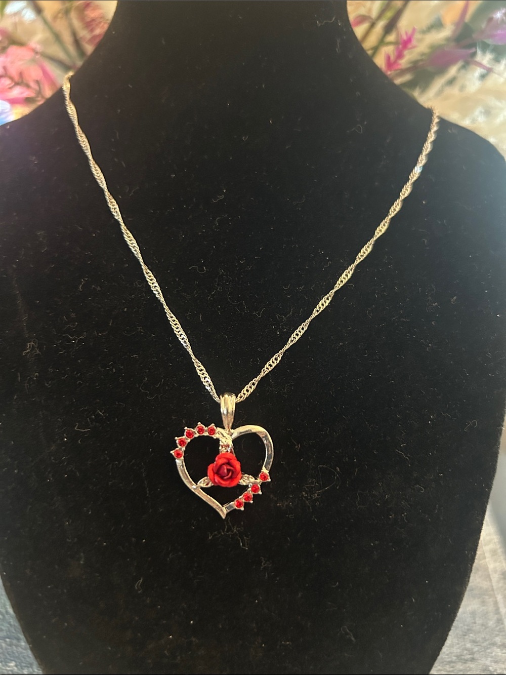 Sterling Silver Heart Pendant Necklace with Red Rose Accent